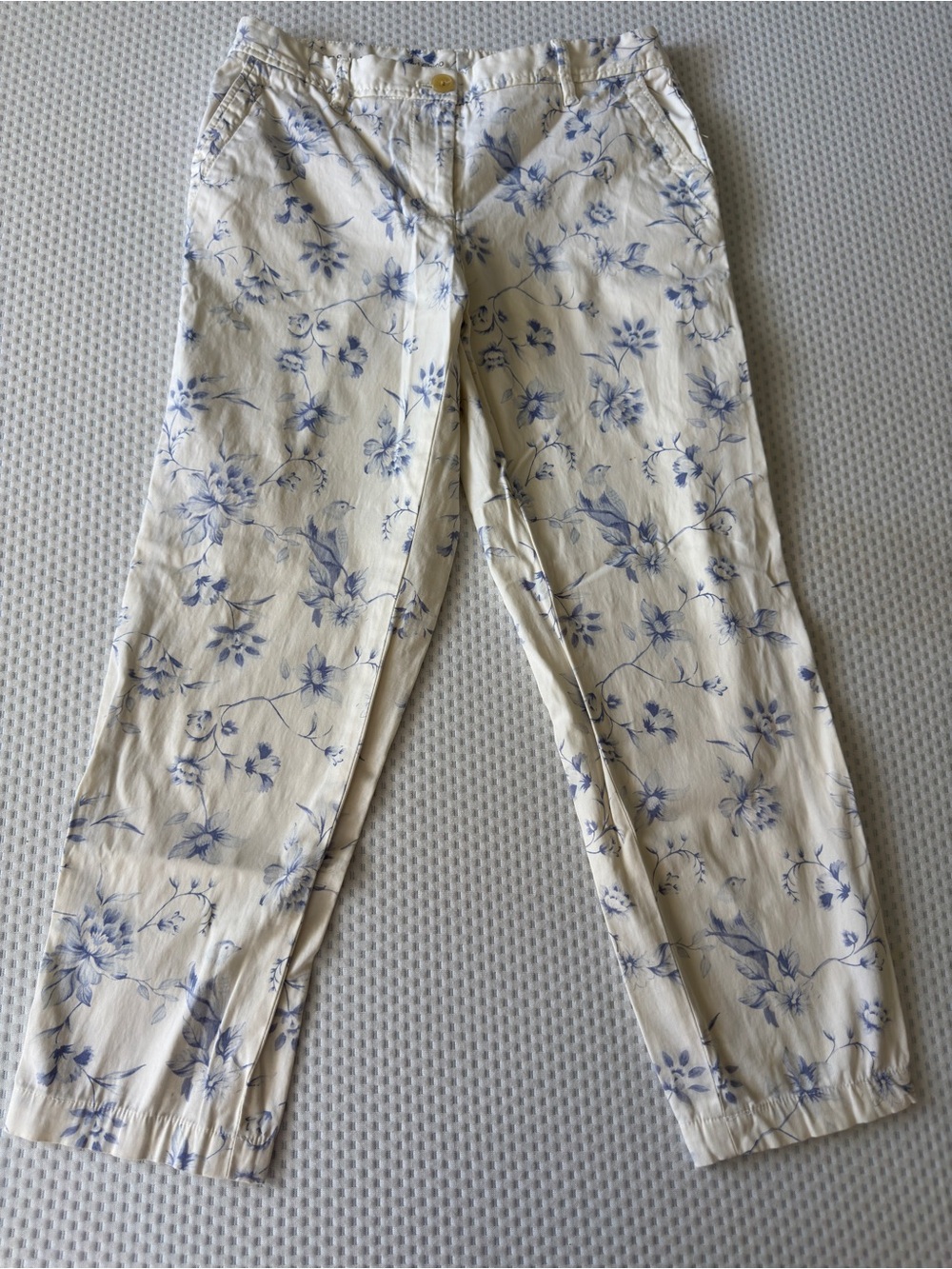 Talbots Cream Straight-Leg Pants with Blue Floral Print